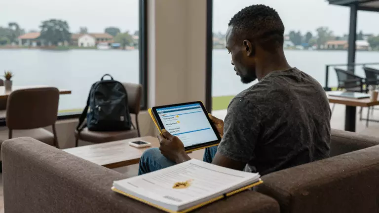 a Francophone African man in his late 20s preparing online for Comment choisir le meilleur cours en ligne IELTS pour votre score cible