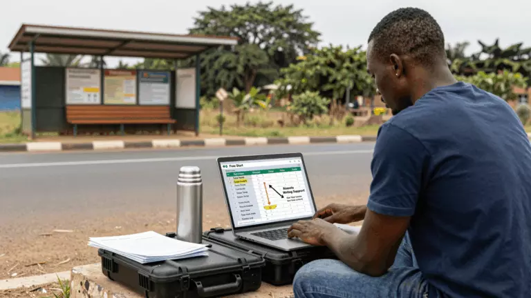 a Francophone African man in his late 20s preparing online for Frais des cours IELTS : que devrait coûter la préparation à l'IELTS en ligne ?