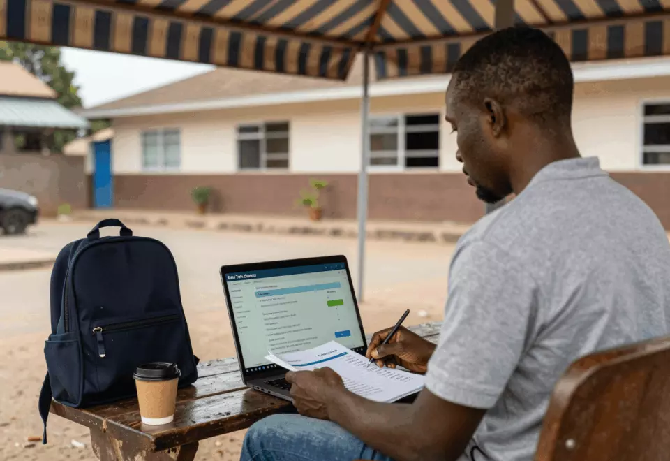 a Francophone African man in his late 20s choosing the next IELTS prep step online