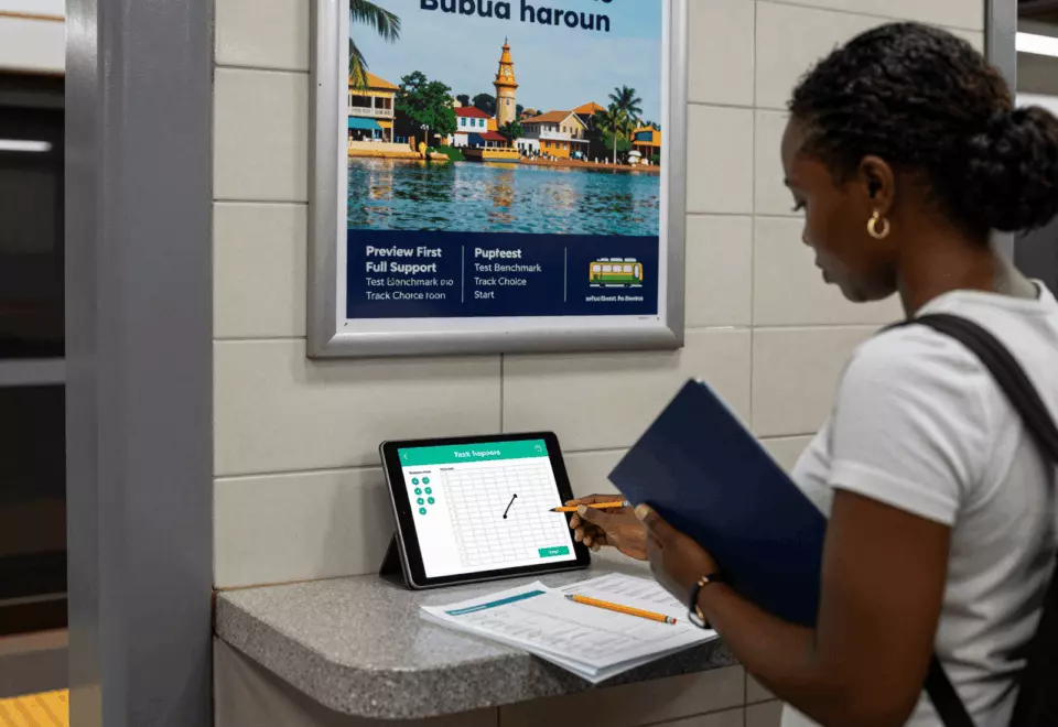 a Francophone African man in his late 20s choosing the next IELTS prep step online