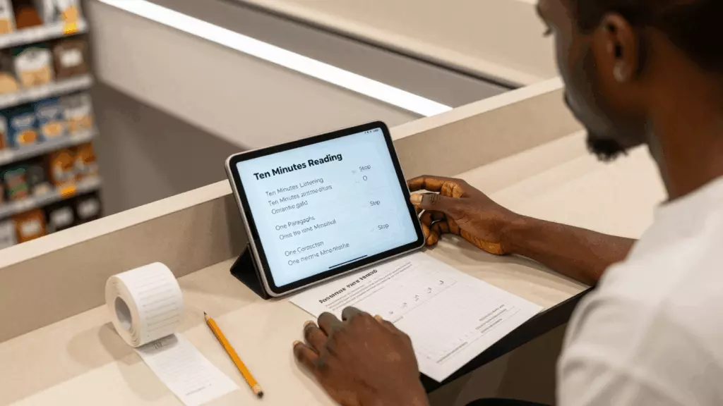 a Francophone African man in his late 20s working through Pratique