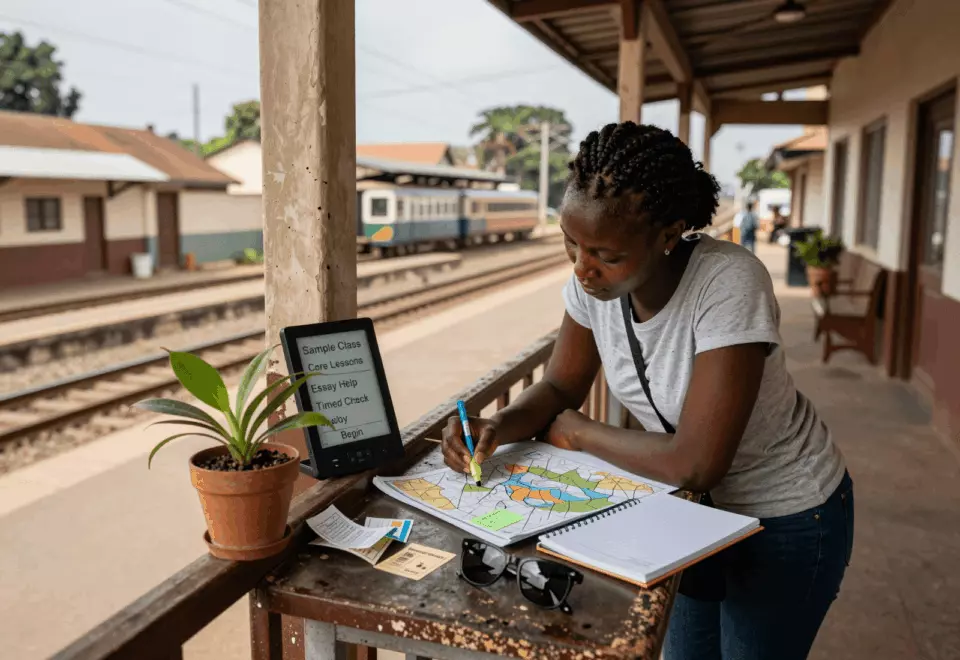 a Francophone African man in his late 20s choosing the next IELTS prep step online