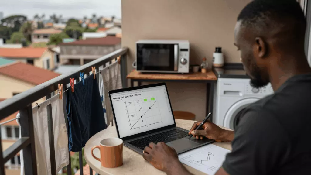 a Francophone African man in his late 20s reviewing an IELTS online course workflow