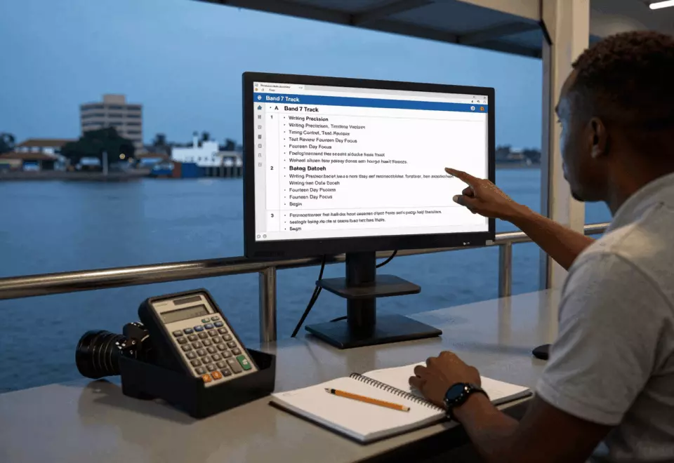 a Francophone African man in his late 20s choosing the next IELTS prep step online