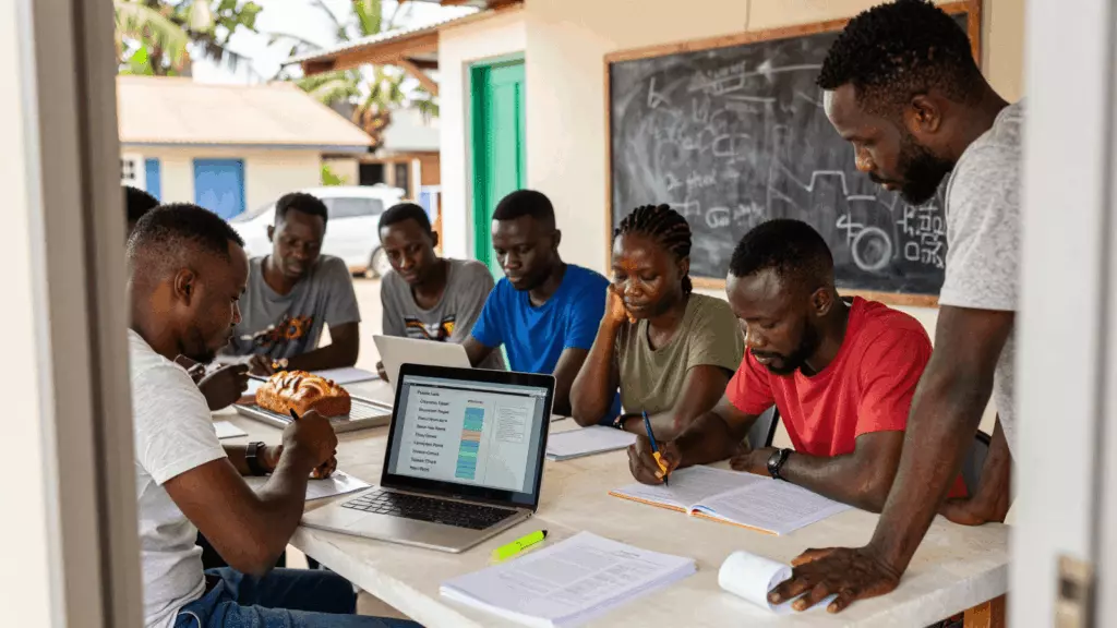 a Francophone African man in his late 20s reviewing an IELTS online course workflow
