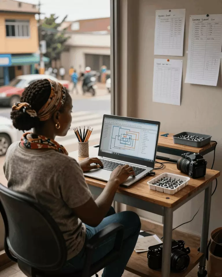 a Francophone African man in his late 20s preparing online for Comment améliorer votre score de groupe IELTS avec des leçons, des exercices et une révision écrite
