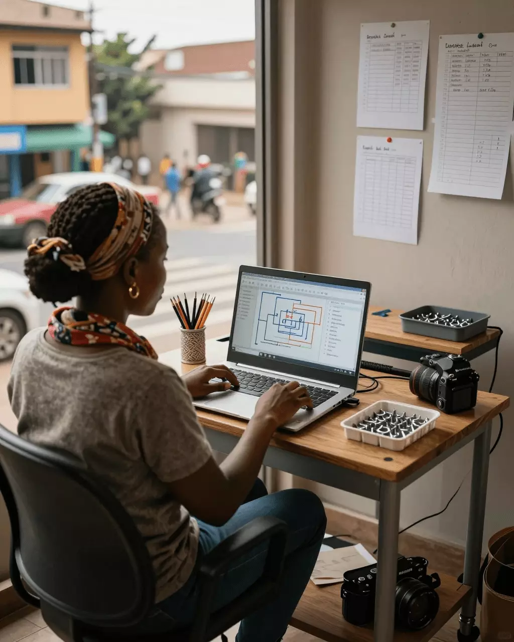 a Francophone African man in his late 20s preparing online for Comment améliorer votre score de groupe IELTS avec des leçons, des exercices et une révision écrite