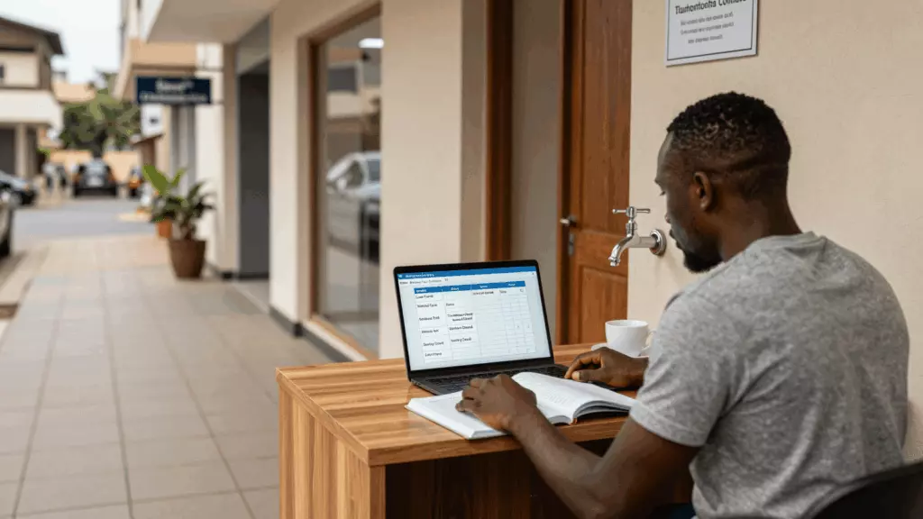 a Francophone African man in his late 20s reviewing an IELTS online course workflow