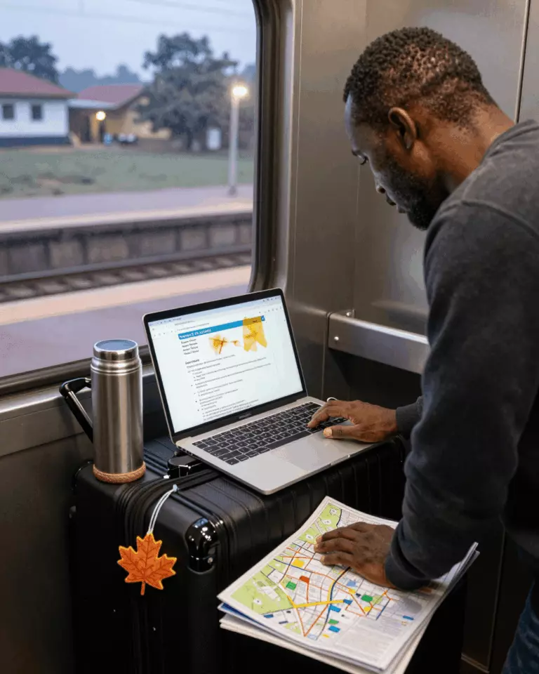 a Francophone African man in his late 20s preparing online for Formation générale IELTS pour l'immigration au Canada : cours et plan d'études