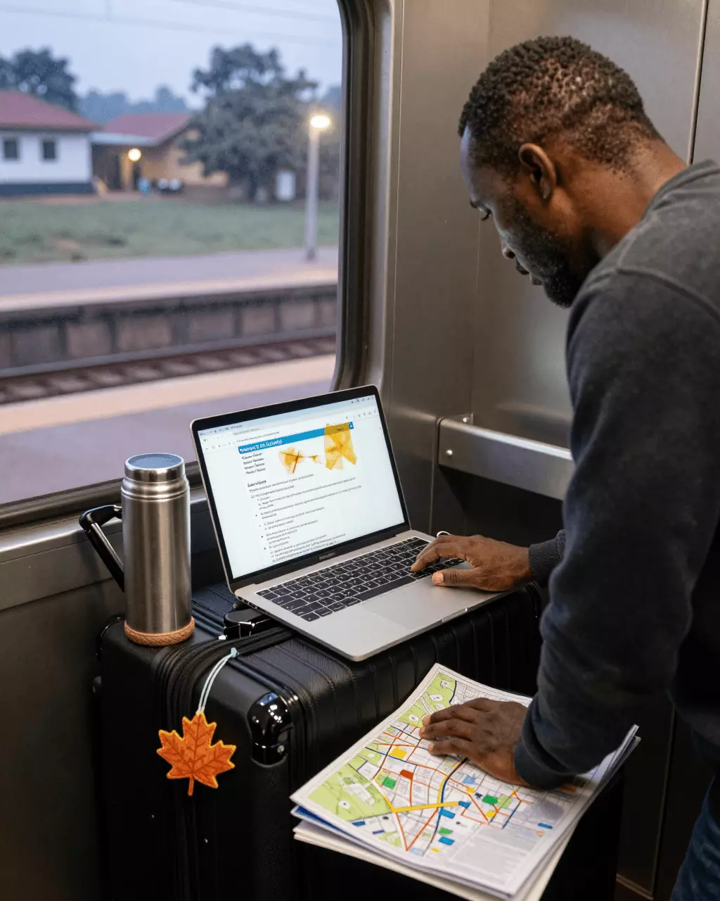 a Francophone African man in his late 20s preparing online for Formation générale IELTS pour l'immigration au Canada : cours et plan d'études