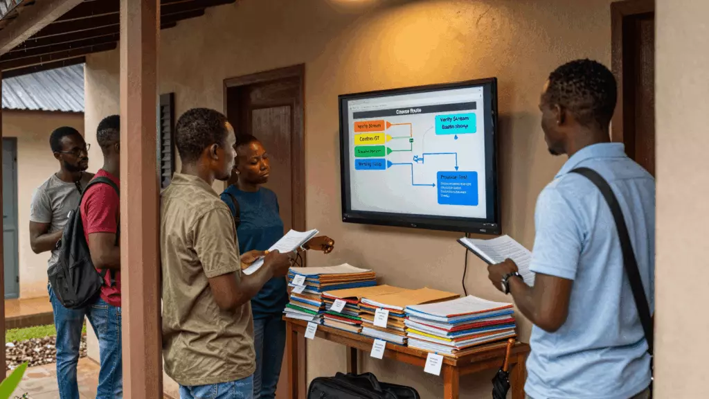 a Francophone African man in his late 20s reviewing an IELTS online course workflow