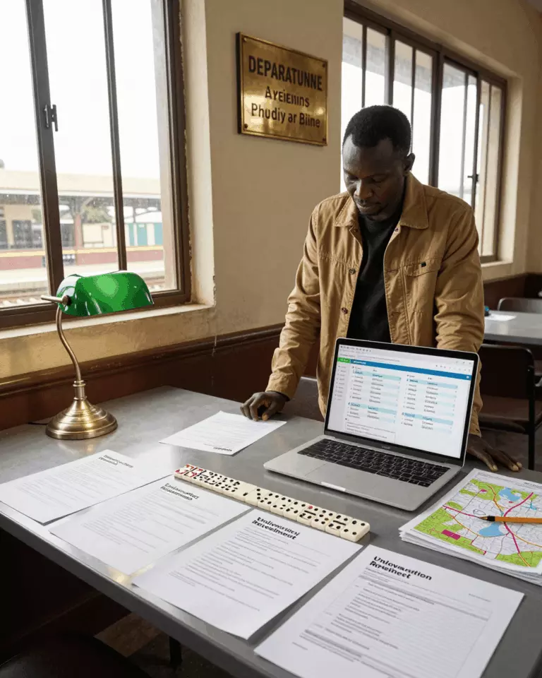 a Francophone African man in his late 20s preparing online for Cours IELTS pour étudier à l'étranger : préparation à l'admission à l'université
