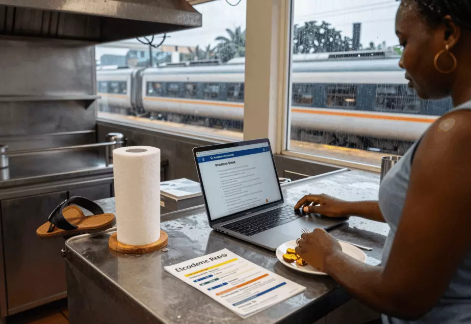 a Francophone African man in his late 20s choosing the next IELTS prep step online