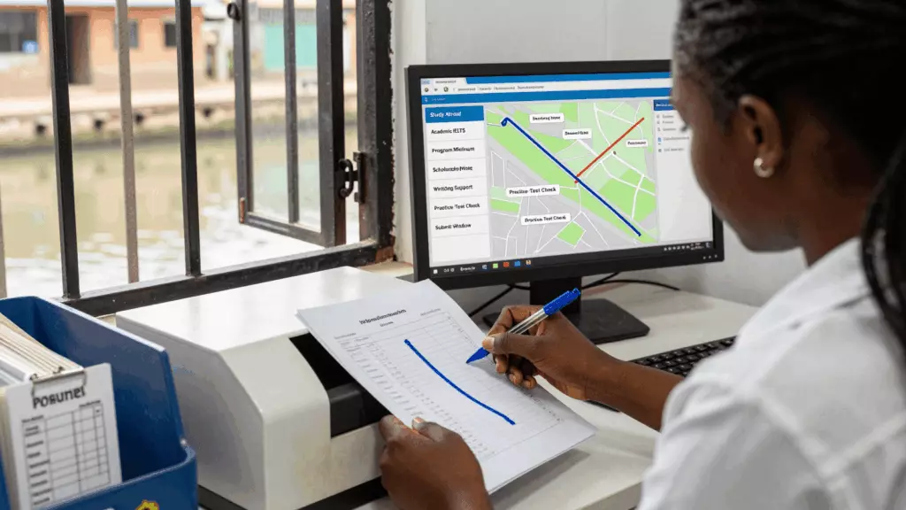 a Francophone African man in his late 20s reviewing an IELTS online course workflow