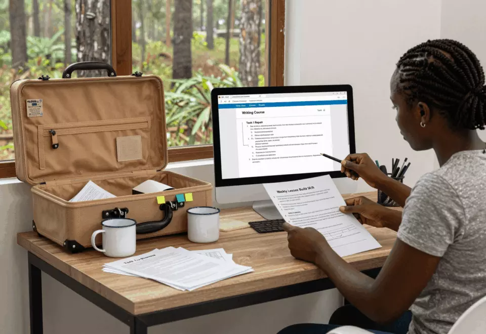 a Francophone African man in his late 20s choosing the next IELTS prep step online