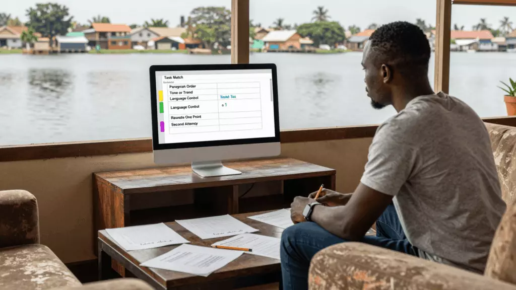 a Francophone African man in his late 20s reviewing an IELTS online course workflow
