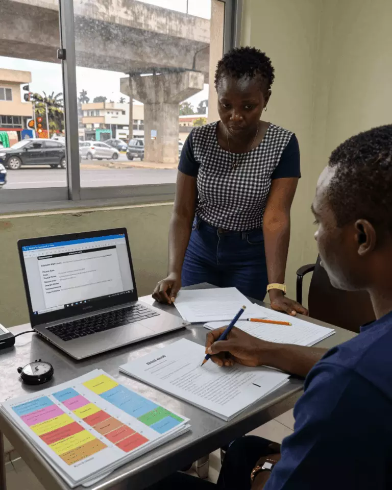 a Francophone African man in his late 20s preparing online for Guide de cours IELTS Writing Task 2 : essais, idées, structure et scores de groupe