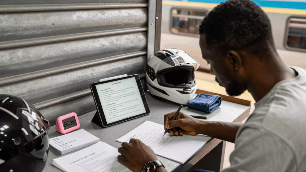 a Francophone African man in his late 20s working through Brouillon