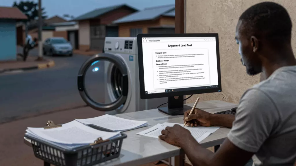 a Francophone African man in his late 20s reviewing an IELTS online course workflow