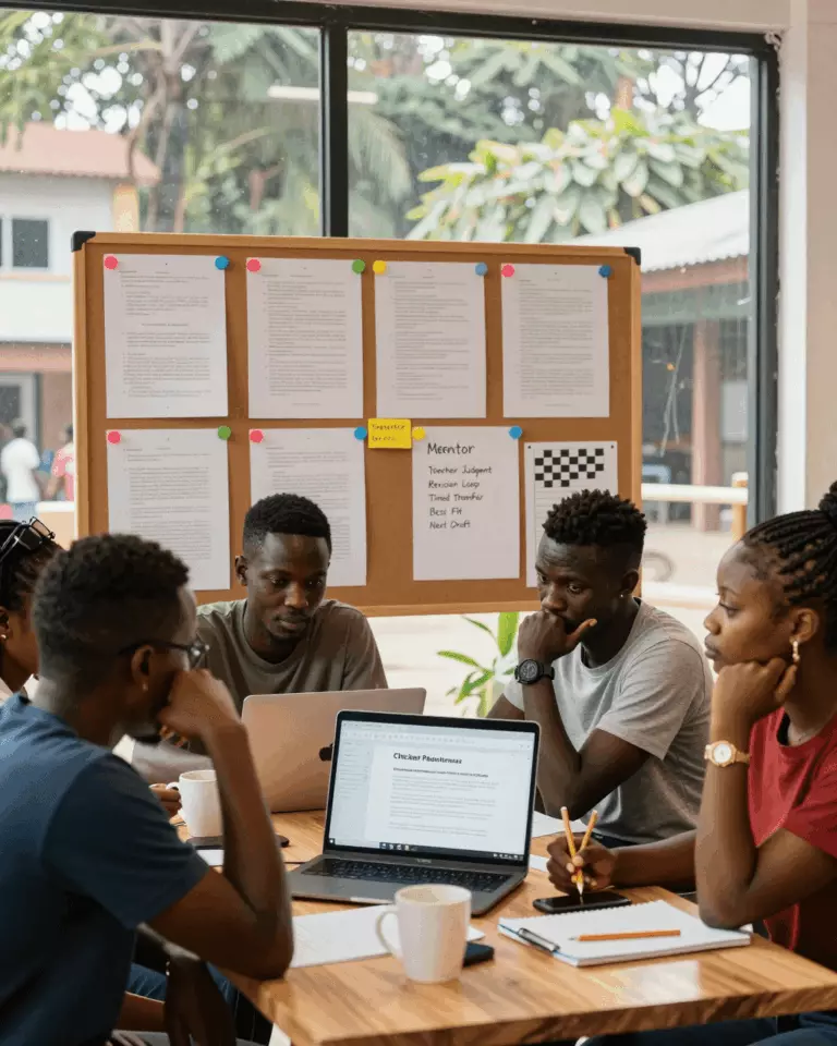 a Francophone African man in his late 20s preparing online for Vérificateur de dissertations IELTS et commentaires des enseignants : qu'est-ce qui améliore réellement l'écriture ?