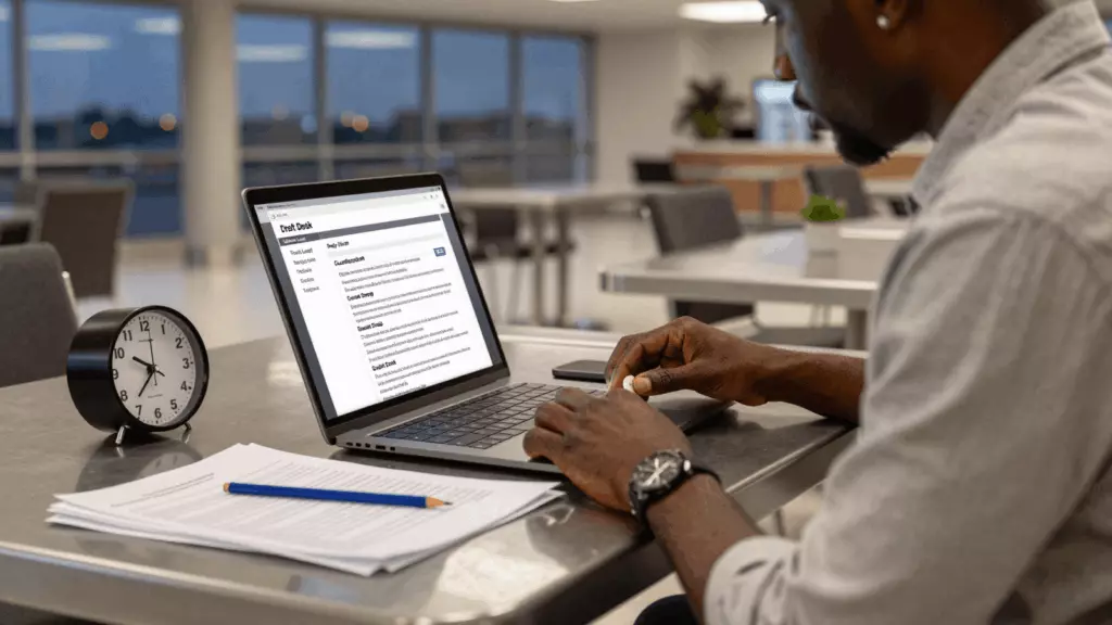 a Francophone African man in his late 20s working through Brouillon