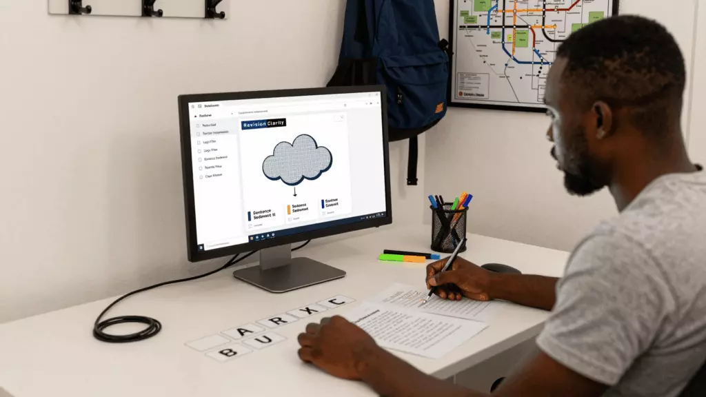 a Francophone African man in his late 20s reviewing an IELTS online course workflow