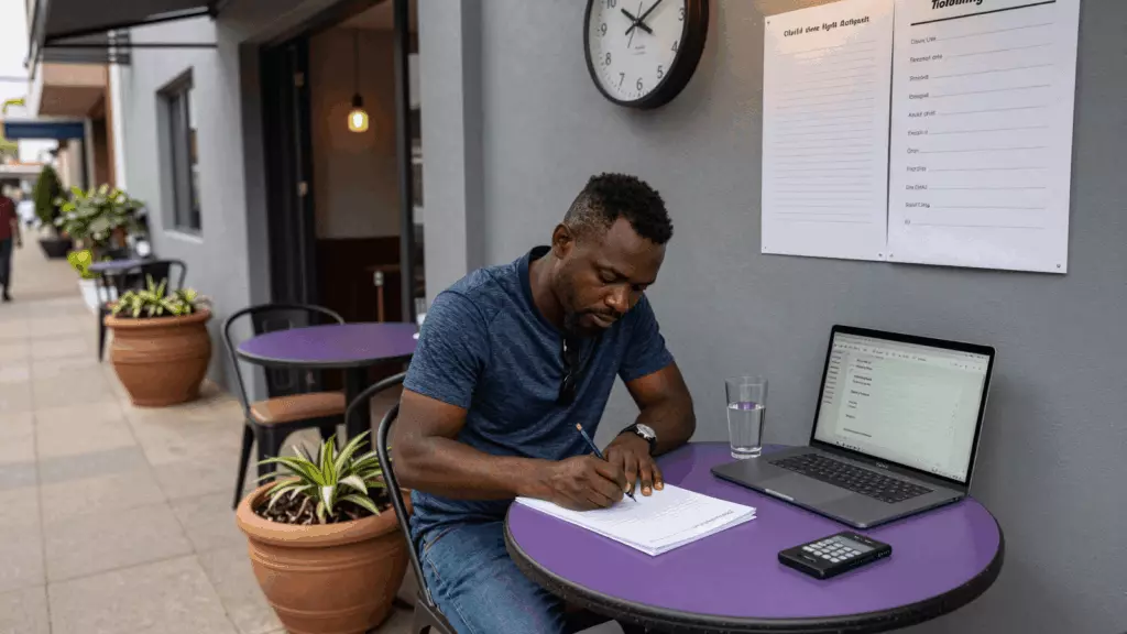 a Francophone African man in his late 20s working through Brouillon