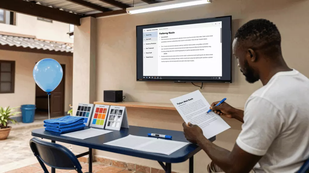 a Francophone African man in his late 20s reviewing an IELTS online course workflow