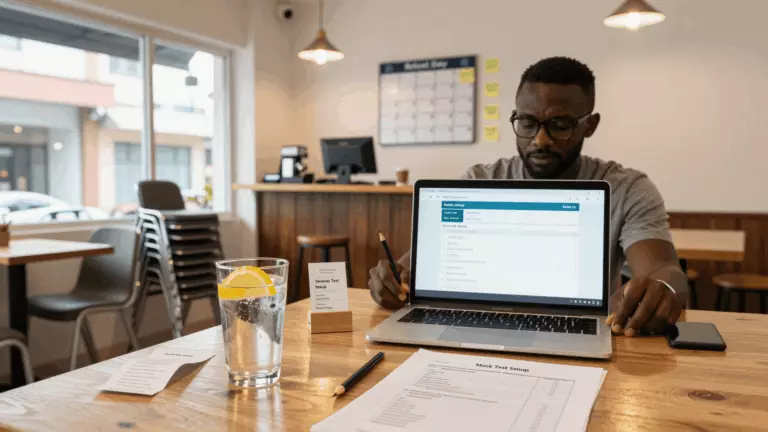 a Francophone African man in his late 20s preparing online for Test simulé IELTS gratuit : comment utiliser correctement les tests pratiques