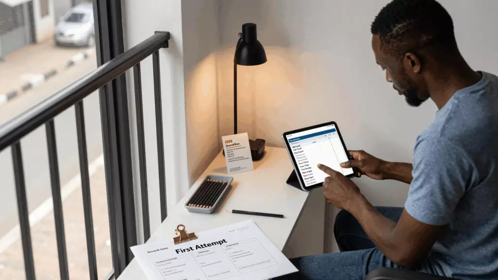 a Francophone African man in his late 20s working through Retest