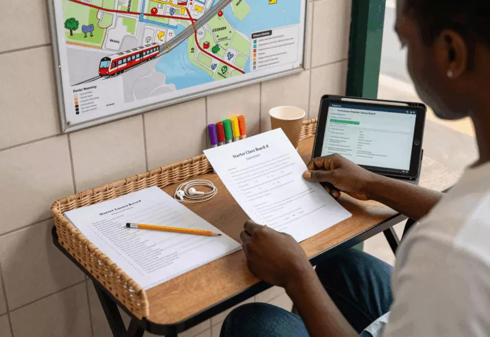 a Francophone African man in his late 20s choosing the next IELTS prep step online
