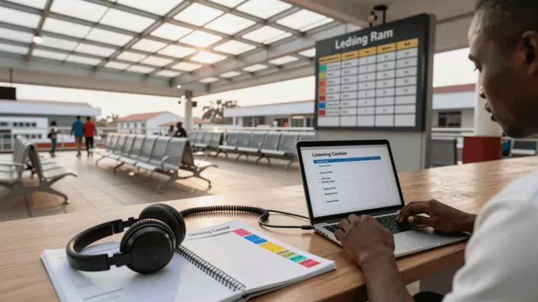 a Francophone African man in his late 20s preparing online for Plan de pratique d'écoute IELTS : Comment s'entraîner à la précision et à la rapidité