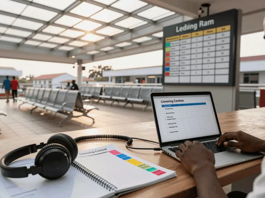 Étudiant examinant les réponses d'écoute de l'IELTS avec les catégories de transcription et d'erreur
