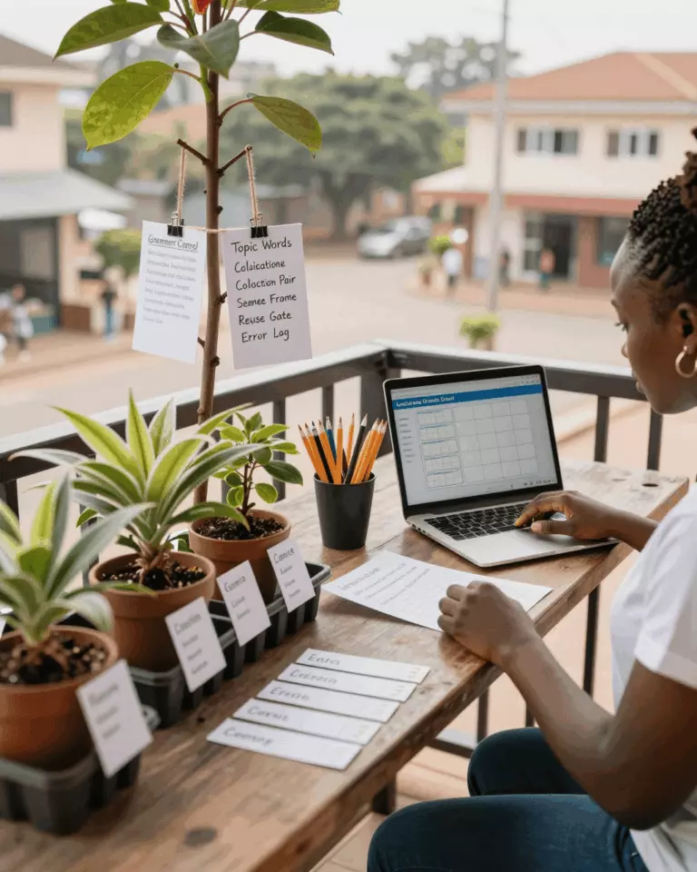 a Francophone African man in his late 20s preparing online for Grammaire et vocabulaire IELTS pour une bande supérieure : ce qu'il faut apprendre en premier