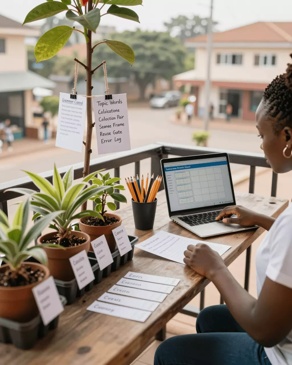 a Francophone African man in his late 20s preparing online for Grammaire et vocabulaire IELTS pour une bande supérieure : ce qu'il faut apprendre en premier
