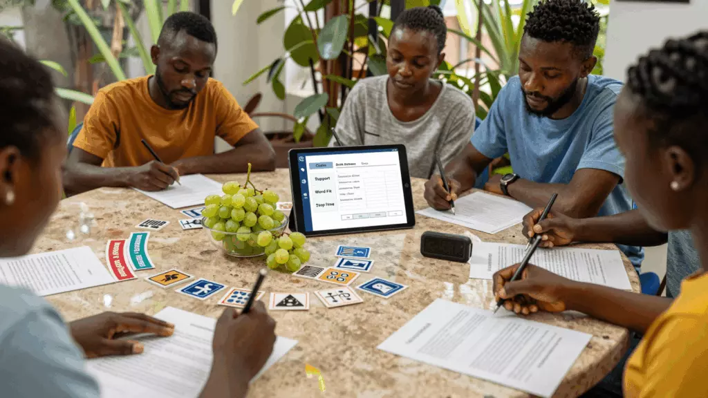 a Francophone African man in his late 20s working through Brouillon