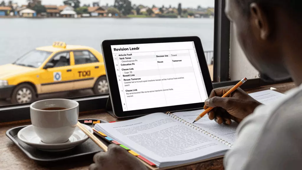 a Francophone African man in his late 20s reviewing an IELTS online course workflow