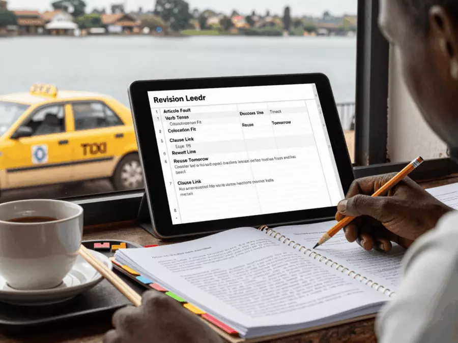 Bureau d'étude IELTS montrant les structures grammaticales liées aux cartes de phrases de vocabulaire