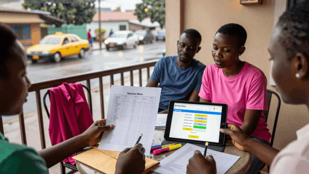 a Francophone African man in his late 20s working through Décidez