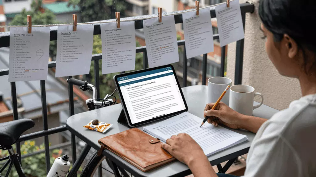 an Indian woman in her late 20s working through समीक्षा