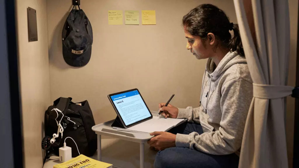 an Indian woman in her late 20s working through अध्ययन