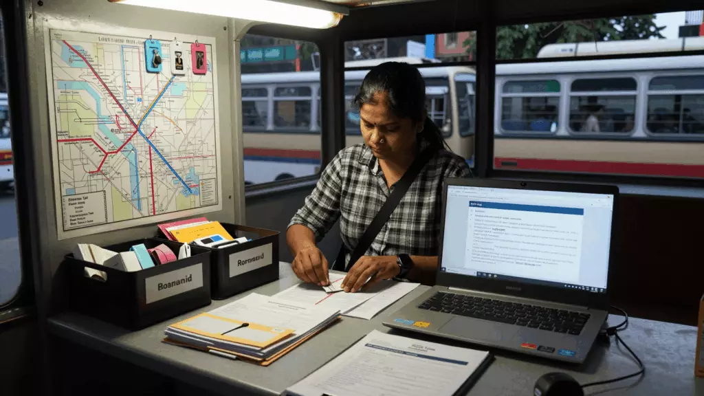 an Indian woman in her late 20s working through समीक्षा