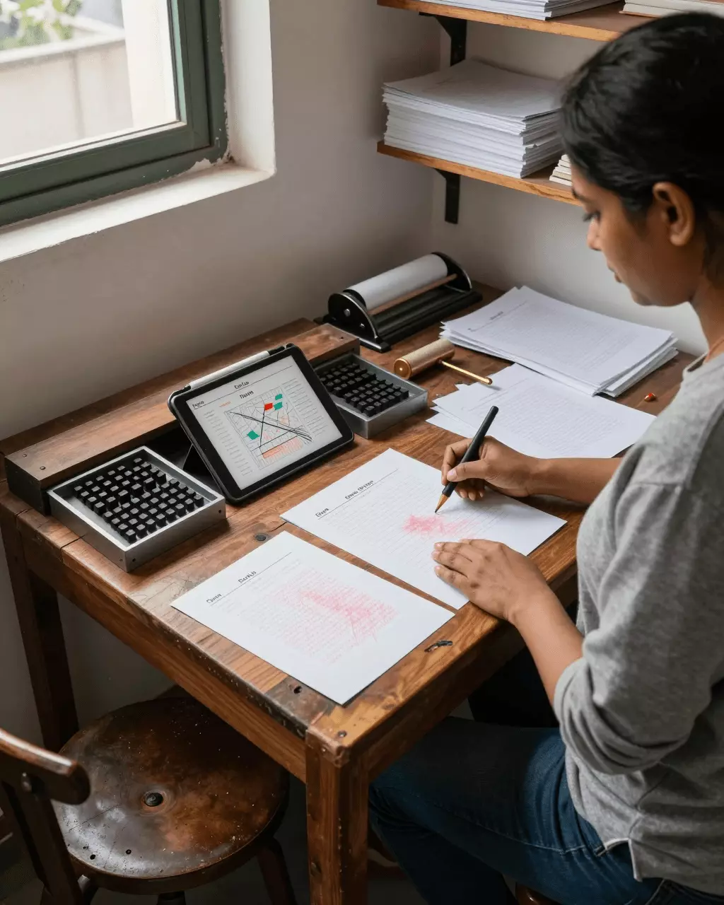 an Indian woman in her late 20s preparing online for आईईएलटीएस लेखन पाठ्यक्रम: कार्य 1, कार्य 2, बैंड स्कोर और निबंध कौशल