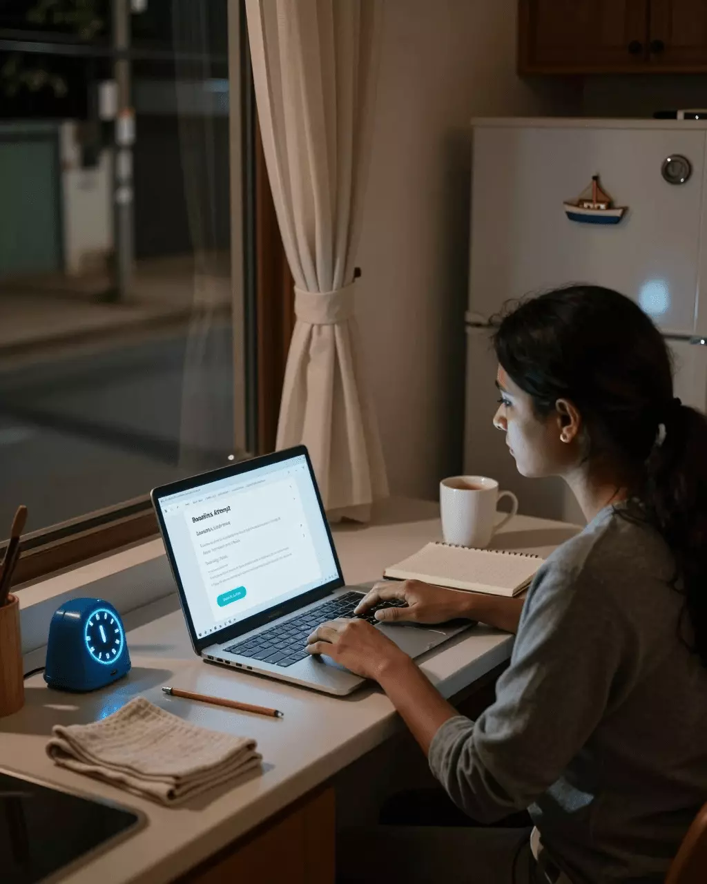 an Indian woman in her late 20s preparing online for आईईएलटीएस प्रैक्टिस टेस्ट ऑनलाइन: मॉक टेस्ट, स्कोर और परीक्षा की तैयारी