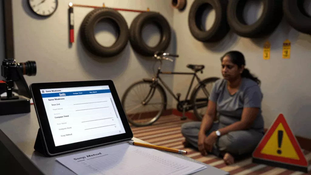 an Indian woman in her late 20s working through पुनः परीक्षण करें