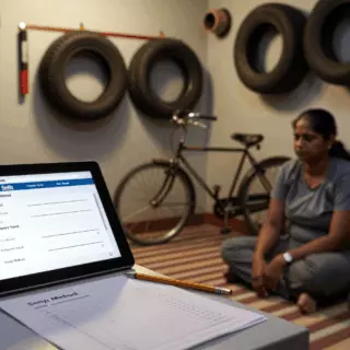 लैपटॉप हेडफोन और नोटबुक के साथ शांत आईईएलटीएस अभ्यास परीक्षण सेटअप