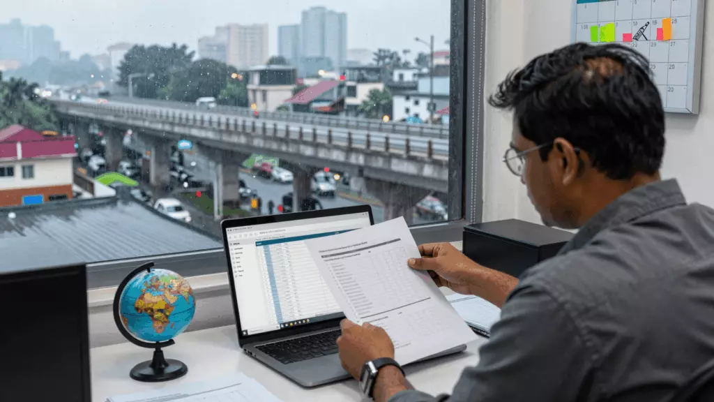 an Indian woman in her late 20s reviewing an IELTS online course workflow