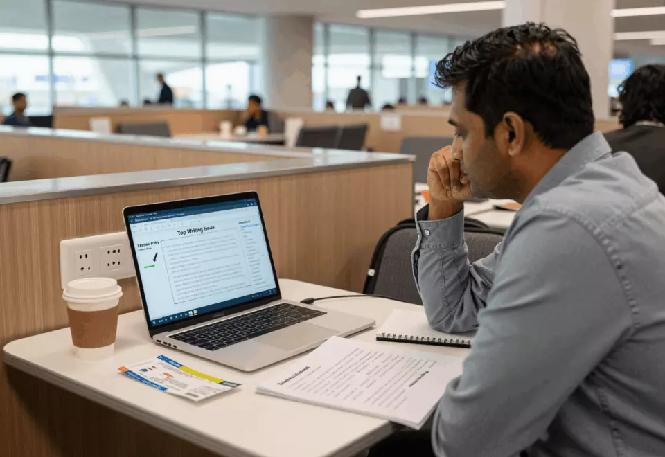 an Indian woman in her late 20s choosing the next IELTS prep step online