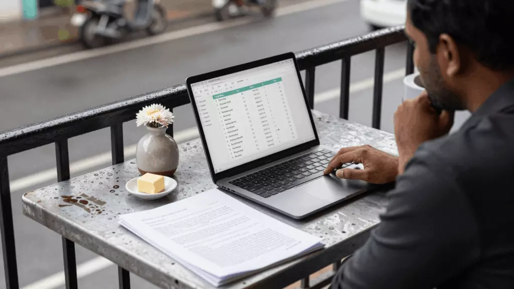 an Indian woman in her late 20s reviewing an IELTS online course workflow