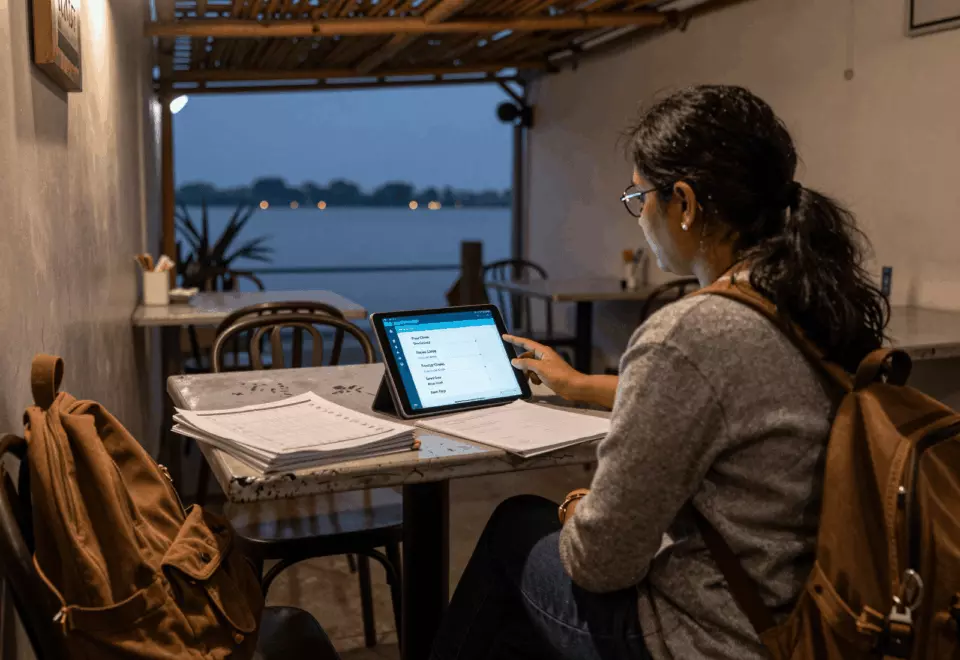 an Indian woman in her late 20s choosing the next IELTS prep step online